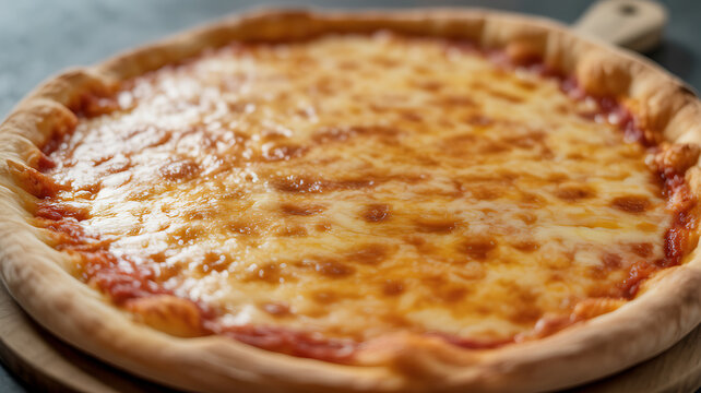 A freshly baked cheese pizza with golden-brown crust and melted cheese on a wooden surface