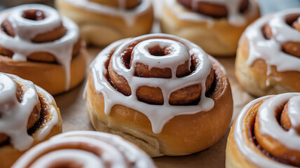 Freshly baked cinnamon rolls with white icing glaze, arranged closely on a surface