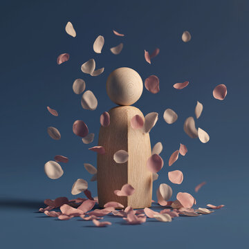 Wooden figure surrounded by gentle falling petals, expressing calmness, emotional release, and peace of mind through meditation and positive thoughts.