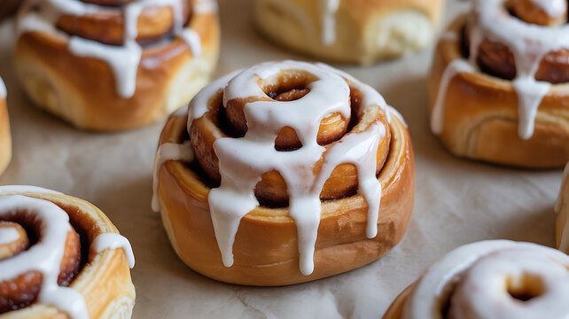Freshly baked cinnamon rolls with white icing drizzle on parchment paper