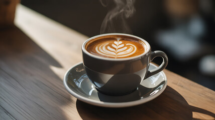 Steaming cup of latte art coffee on a wooden table with sunlight