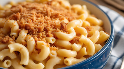 Close-up of macaroni and cheese topped with toasted breadcrumbs in a blue bowl