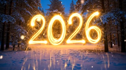 Brightly lit '2026' sign created with light trails in a snowy forest during winter evening