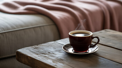 Steaming cup of coffee on a wooden table beside a cozy sofa with a pink blanket