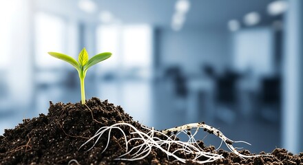 Growth in the Workplace: Seedling Sprout in Office Soil