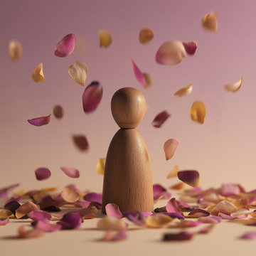 Wooden figure surrounded by gentle falling petals, expressing calmness, emotional release, and peace of mind through meditation and positive thoughts.