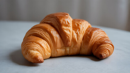 A freshly baked croissant with golden-brown, flaky layers resting on a light surface.
