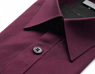 Burgundy shirt detail. Collar, placket, and button visible