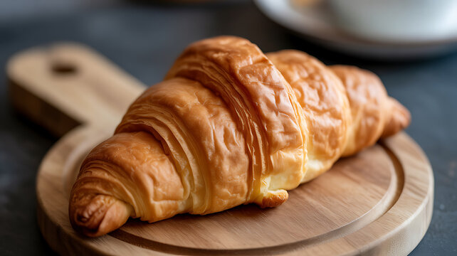 A freshly baked croissant on a wooden cutting board, showcasing golden-brown layers and flaky texture.