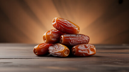 A stack of ripe dates on a wooden surface with warm lighting