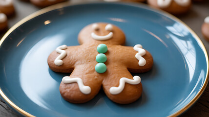 A decorated gingerbread man cookie with white icing and green buttons on a blue plate