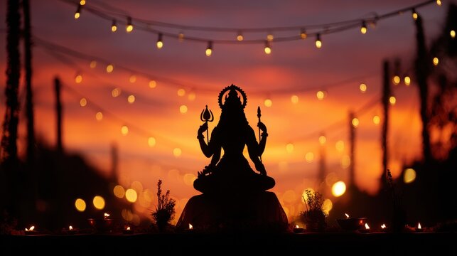 Silhouette of Goddess Durga during Chaitra Navratri celebration with warm lights in the background at sunset - Powered by Adobe