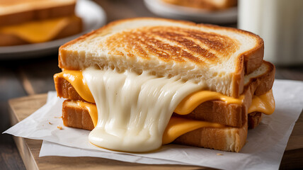 Grilled cheese sandwich with melted cheese oozing out, served on parchment paper