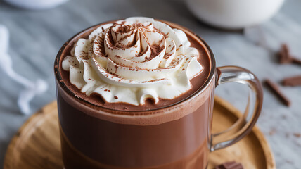 A glass mug filled with rich hot chocolate topped with whipped cream and cocoa powder, served on a wooden tray.
