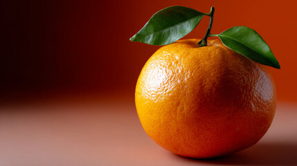 Vibrant orange fruit with lush green leaves looks refreshingly delightful against an orange background, radiating feeling of zestful vitality