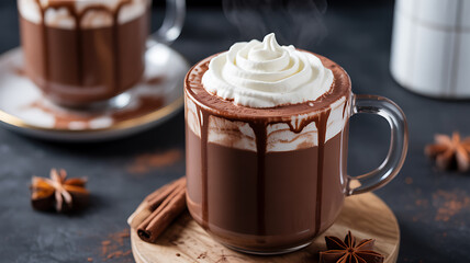 Hot chocolate in a glass mug topped with whipped cream and chocolate drizzle, served on a wooden coaster with cinnamon sticks and star anise.