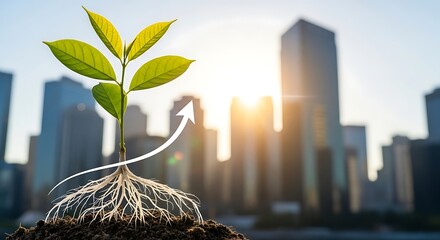 Urban Growth: Sprout, Arrow, and Cityscape