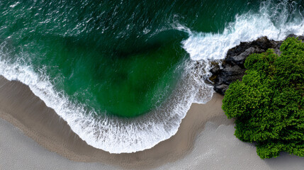 Emerald water swirls and crashes on sandy shore, bringing nature peace and excitement. This coastline offers beauty, tranquility, and endless exploration