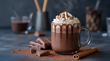 Steaming hot chocolate drink topped with whipped cream and chocolate drizzle, served in a glass mug with cinnamon sticks and chocolate pieces nearby