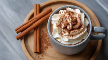 A mug of hot beverage topped with whipped cream and cinnamon, served on a wooden tray with cinnamon sticks.