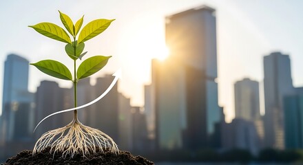 Urban Growth: Seedling Sprout with Cityscape