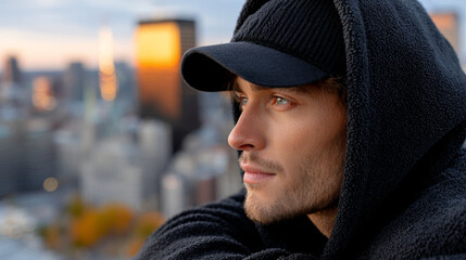 Man with thoughtful expression gazes upon city skyline in distance, feeling pensive and hopeful for future ahead with warm touch from sunlight