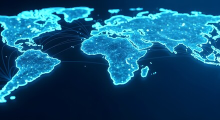 Glowing neon world map with bright lights representing global connections and technology