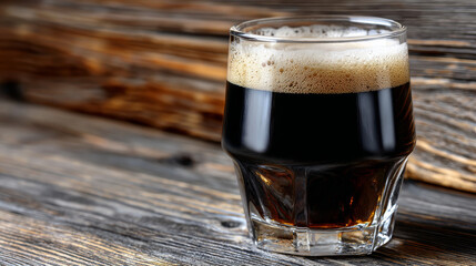 Dark beer sits nestled on weathered wood, emanating sense of rustic warmth and simple pleasure, its dark depths hinting at rich flavors and moment of pure indulgence