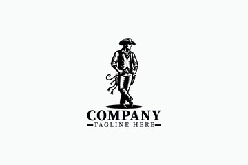 Fototapeta premium Minimalist Cowboy Character Vector Logo – Black Silhouette of Lone Western Cowboy with Hat and Boots, Simple Bold 2D Wild West Illustration for Branding, Mascot Design, Rodeo Graphics, and Western Art