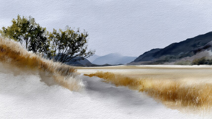 Watercolor landscape glistens, evoking peacefulness. Background, serene and calm with trees. Nature scene is incredibly majestic and pretty