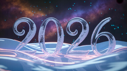 The numbers 2026 made of ice against a colorful night sky. Futuristic greeting card. Modern, vibrant holiday illustration.