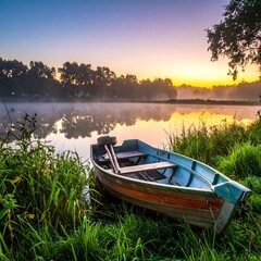 Fototapeta premium A tranquil boat rests by a misty lake at dawn, with vibrant colors