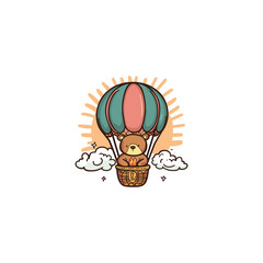 Fototapeta premium Cute cartoon illustration of a teddy bear traveling in a colorful hot air balloon above white clouds