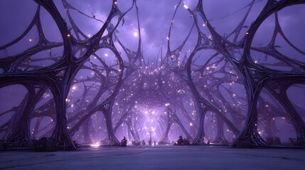 Ethereal violet futuristic architecture, organic forms, glowing lights, abstract interior, sci-fi concept art