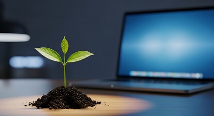 Digital Growth: Sprout on Laptop, Sustainable Tech