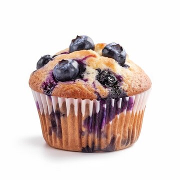 Fresh blueberry muffin baked in a paper cup isolated on white background for breakfast or snack