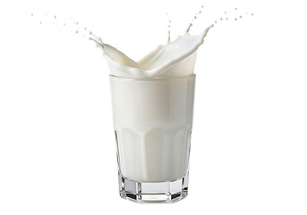 A tall glass of white milk splashing upwards with droplets and splashes isolated on transparent background