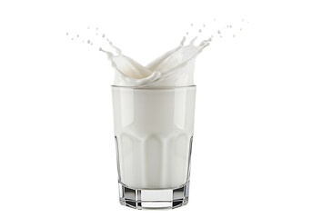 A tall glass of fresh white milk splashing dynamically upwards isolated on transparent background