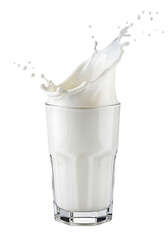 A refreshing splash of white milk erupting from a clear glass isolated on transparent background