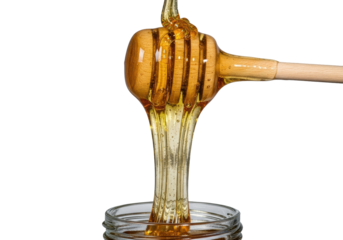A wooden honey dipper lifts a glistening, viscous stream of golden amber honey cascading into a glass jar on a transparent studio background. Concept of luxurious deliciousness