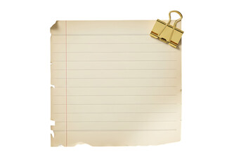 Old torn paper with handwritten lines and a vintage paper clip attached isolated on transparent background