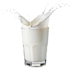 A dynamic splash of fresh white milk erupting from a clear glass isolated on transparent background