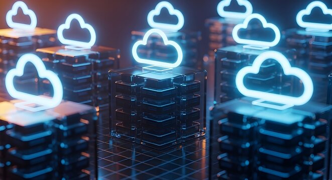 Abstract glowing blue cloud icons illuminating a futuristic cityscape of digital data servers