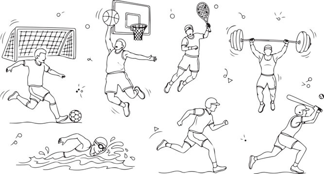 Hand-drawn doodle set of diverse athletes participating in various sports activities Vector - Powered by Adobe