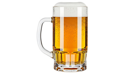A tall glass mug filled with golden lager beer and frothy white foam isolated on transparent background