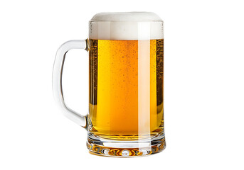 A tall glass mug filled with golden beer and frothy white foam isolated on transparent background
