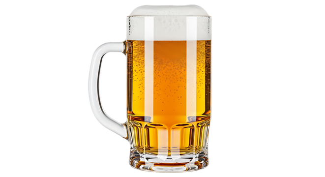 A tall glass mug filled with golden lager beer and frothy white foam isolated on transparent background