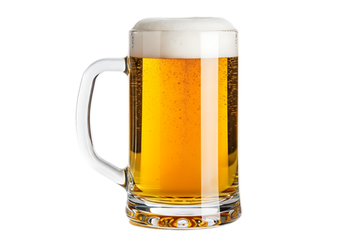 A tall glass mug filled with golden beer and frothy white foam isolated on transparent background - Powered by Adobe