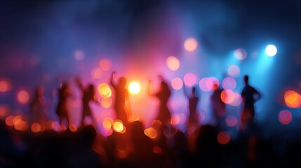 Blurred people dancing at a party with colorful bokeh lights festive celebration atmosphere vibrant motion abstract nightlife background for event posters web banners and holiday media