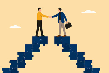 business agreement, cooperation in business to achieve certain targets, growth or progress to achieve goal and target, two business people shaking hands at the top of the ladder from puzzle